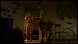 alien apartment ass balls big_balls big_butt butt curvy_body curvy_figure door doorway duo genitals human humanoid long_penis male male/male mammal mug muscular muscular_male nude paperbag penis thick_thighs tray wide_hips