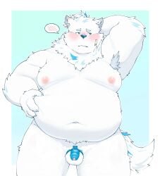 2023 anthro armpit_hair balls belly big_belly blush body_hair bulge canid canine canis chastity_cage chastity_device domestic_dog dragon_night800 flaccid fur genitals hi_res humanoid_hands kemono lifewonders live_a_hero male mammal moobs navel nipples nude overweight penis solo white_body white_fur yohack