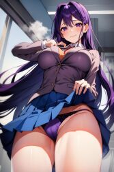 ai_generated blush doki_doki_literature_club purple_hair purple_panties school_uniform schoolgirl showing_panties smiling_at_viewer upskirt yuri_(doki_doki_literature_club)