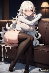 ai_generated couch cum_drip cum_on_ass cum_on_body no_panties nylon_stockings pornx.ai white_hair white_topwear