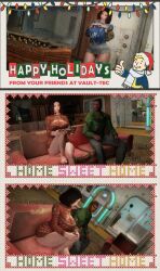 3d bethesda_softworks bottomless_female couch emotrashcan fallout half_naked pubic_hair screenshot sweater sweater_only vault_dweller