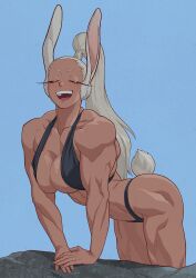 1girls alternate_hairstyle animal_ears ass bare_shoulders big_ass big_breasts bikini blue_background breasts broad_shoulders bunny_ears bunny_tail cleavage closed_eyes clothing collarbone commission curvy dark-skinned_female dark_skin eyelashes female female_focus female_only halterneck highres human large_ass large_breasts long_hair luzemjapones miruko muscular muscular_female my_hero_academia navel open_mouth pinup ponytail revealing_clothes rock rumi_usagiyama simple_background skimpy smile solo solo_female teeth thighs tied_hair tongue voluptuous white_hair