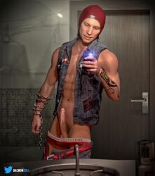 1boy 1human 3d 3d_model bathroom bathroom_mirror bathroom_tile beanie beanie_hat brown_eyes brown_hair camera_pov daemoncollection delsin_rowe denim_vest hard_on infamous:_second_son infamous_(series) lean_body lean_muscle male male_only mirror mirror_reflection mirror_selfie muscular muscular_male pants_down phone_camera selfie selfie_with_penis smiling sneaky solo sucker_punch_productions tan-skinned_male tan_skin tattoo_on_arm tattooed_arm tattooed_male underwear_down vest