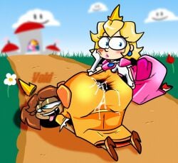 2girls after_anal after_sex bent_over big_ass blue_eyes clothed_penetration crown cum cum_on_clothes dress freckles fully_clothed gaping gaping_anus glaring gloves high_heels looking_pleasured mario_(series) nintendo outdoors penetration_through_clothes princess_daisy princess_peach super_mario_bros. through_clothes tongue_out voidsdroids