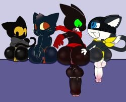 anthro anus ass atlus balls big_balls big_penis black_body black_eyes black_pupils blue_body blue_eyes butt_grab camel_toe cartoon_network clothing crossover dipstick_tail dizzytizzy domestic_cat felid feline felis female foreskin genitals gloves gloves_(marking) google google_doodle green_sclera grey_body group hand_on_butt handwear hi_res huge_balls huge_cock inner_ear_fluff mae_borowski magic_cat_academy male mammal mao_mao:_heroes_of_pure_heart markings megami_tensei megami_tensei_persona momo_(google) morgana_(persona) neckerchief night_in_the_woods open_mouth panties partially_retracted_foreskin penis pupils red_eyes robe sega sheriff_mao_mao_mao sitting smile tail tail_markings thong tuft underwear whiskers yellow_sclera