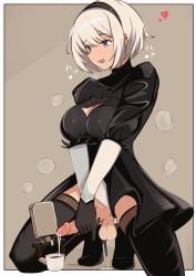 1futa balls big_breasts big_penis blue_eyes breasts clothed clothing cum_in_container cum_in_cup drooling erect_penis erection futa_only futanari hairband human kneeling light-skinned_futanari light_skin masturbation mostly_clothed nier nier:_automata penis precum precum_drip pussy_juice short_hair skirt solo testicles thighhighs two-handed_masturbation white_hair yorha_2b yoshiwo_senpai