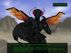 1girls 4_arms antennae cazador cazador_(fallout) chitin dialogue fallout gameplay_mechanics gui insect_girl insect_wings insects orange_wings red_eyes solo_female