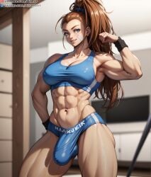 1futa abs ai_generated aiser0 biceps blue_eyes breasts brown_hair bulge captain_mizuki cleavage erection erection_under_clothes flexing futanari large_breasts long_hair muscular muscular_futanari navel one-punch_man penis ponytail smile solo sports_bra sportswear standing thick_thighs thighs