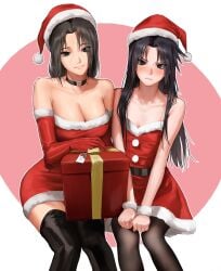 2girls bare_shoulders big_breasts black_eyes black_hair black_thighhighs blush breasts brown_hair busty choker christmas christmas_clothing christmas_outfit cleavage closed_mouth collar cute denggu_5 dress facial_markings female female_focus female_only gender_transformation genderswap genderswap_(mtf) gift hat high_resolution highres holidays large_breasts light-skinned_female light_skin long_hair looking_at_viewer medium_breasts multiple_girls naruto naruto_(classic) naruto_(series) naruto_shippuden pale-skinned_female pale_skin pantyhose pinup red_dress red_headwear rule_63 santa_costume santa_dress santa_hat sasuke_uchiha sasuko shounen_jump siblings sister sisters skimpy skimpy_clothes skimpy_dress smile thighhighs uchiha_itachi uchiha_sasuke