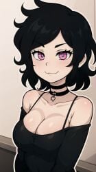 1girl 1girls :3 accurate_art_style ai_generated ashley_graves big_breasts black_hair breasts choker cleavage female indoors jpeg large_breasts looking_at_viewer marusame over_the_shoulder pink_eyes portrait shirt short_hair solo stable_diffusion the_coffin_of_andy_and_leyley