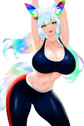 1girls arms_up belly_button big_breasts breasts busty curvy female female_only gym_clothes hazel_(oc)_(yojimbra) midriff multicolored_hair original pants rainbow_hair skintight solo sports_bra sportswear swaying swaying_hips wide_hips yojimbra