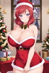 ai_generated bedroom blush christmas christmas_tree cleavage female huge_breasts kurodex love_live! love_live!_school_idol_project night nishikino_maki purple_eyes red_hair santa_costume santa_hat seductive_look seductive_smile short_hair snowing solo wide_hips