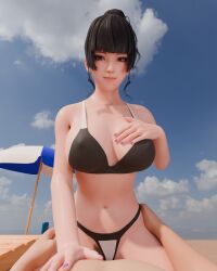 1boy 1boy1girl 1girls 3d beach big_breasts blender_(software) dead_or_alive highres nyotengu pubic_hair self_upload sky spescg tagme