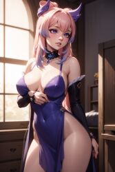 1girls ai_generated blue_hair breasts dress female female_only genshin_impact kirill782 long_hair medium_breasts multicolored_hair pink_hair purple_eyes sangonomiya_kokomi solo stable_diffusion standing