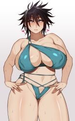 bikini cleavage huge_breasts jimiko korotsuke looking_at_viewer messy_hair original original_character small_pupils solo_female sweating the_creepy_glasses_girl thick_thighs tomboy voluptuous