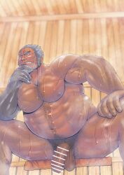 amatsumara_(tokyo_afterschool_summoners) balls bara blush censored_penis facial_hair flaccid genta_iwayama grey_hair male male_only musclegut muscles muscular nude penis sauna scar scar_across_eye sitting solo solo_male spread_legs sweat sweating tokyo_afterschool_summoners