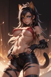 1girls ai_generated blue_eyes breasts cat_ears dark-skinned_female dark_skin dehya_(genshin_impact) earrings female female_only genshin_impact hair_between_eyes hoyoverse kirill782 long_hair looking_at_viewer medium_breasts navel solo stable_diffusion underboob