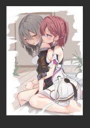 2girls asta_(honkai:_star_rail) bangs blue_eyes blush breast_grab breast_press clothed clothed_female clothing color gray_hair hand_holding honkai:_star_rail honkai_(series) hug hugging_from_behind lap_sitting looking_at_partner looking_back open_mouth red_hair sajin_(user_pvrm4582) short_hair sitting sitting_on_bed sitting_on_lap stelle_(honkai:_star_rail) yuri