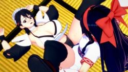 2girls 3d ainu_clothes big_breasts black_hair busty cleavage female female_only fingerless_gloves hair_ribbon hi_res implied_futanari implied_sex iroha large_breasts legs long_hair lying maid medium_breasts multiple_girls nakoruru naughty_face pants samurai_shodown short_hair smile snk thighs thong