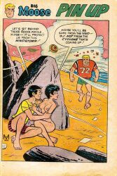 1girls 2boys angry archie_comics areolae barefoot beach breasts brown_hair caught caught_in_the_act clothed clothed_male_nude_female edit midge_klump moose moose_mason moriartyhide nipples nude nude_female pinup reggie_mantle short_hair