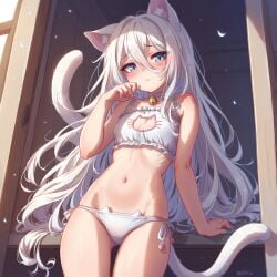 ai_generated blue_eyes cat_ears cat_tail catgirl female small_breasts solo underwear white_hair white_panties white_tail white_underwear