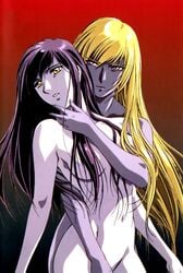 2girls 90s artist_request blonde_hair breasts brown_hair curvaceous devilman devilman_lady duo hair_covering_breasts hand_on_chin hand_on_leg human jun_fudo lan_asuka large_breasts long_hair multiple_girls navel nude nude_female official_art pale-skinned_female pale_skin purple_eyes red_background wide_hips yellow_eyes yuri