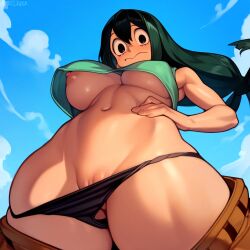 :| ai_generated bare_legs big_breasts big_eyes big_nipples breast_peek breasts cleft_of_venus clitoral_hood clitoris clothed clothing dark_green_hair dark_hair embarrassed embarrassed_nude_female enf exposed_pussy from_below hairless_pussy hand_on_own_stomach hand_on_stomach innie_pussy large_breasts long_hair looking_down low-angle_view medium_breasts midriff mound_of_venus my_hero_academia nipples novelai panties panties_aside panty_pull perky_breasts poker_face puffy_nipples pussy pussy_peek round_eyes self_upload shirt sky somethingweird stomach straight_hair tsuyu_asui underboob upskirt vulva