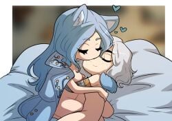 1boy 1boy1girl 1girls after_sex blue_hair cat_ears cat_tail catgirl chibi closed_eyes completely_nude cuddling female freckles hugging kinkymation lies_of_p long_hair male pinocchio_(lies_of_p) smile sophia_(lies_of_p) tail white_hair wholesome