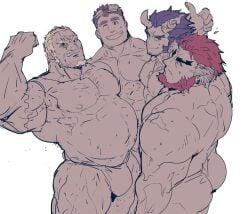 amatsumara_(tokyo_afterschool_summoners) balls bara bulge facial_hair flexing grey_hair hephaestus_(tokyo_afterschool_summoners) kurogane_(tokyo_afterschool_summoners) male male_only monochrome musclegut muscles muscular penis rybiok scar scar_across_eye takemaru_(tokyo_afterschool_summoners) tokyo_afterschool_summoners