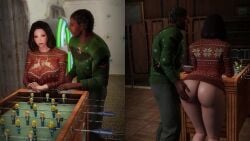 3d animated bethesda_softworks blowjob bottomless_female dark-skinned_male fallout fingering half_naked handjob no_panties no_sound no_underwear split_screen standing_doggy_style standing_sex straight sweater sweater_only table tagme vault_dweller video