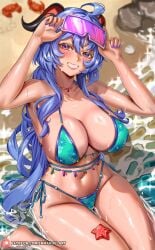 1girls bikini blue_hair breasts enmanuelart20 female ganyu_(genshin_impact) genshin_impact hi_res horn horns large_breasts light-skinned_female light_skin long_hair partially_submerged purple_eyes smile solo_female starfish sunglasses thick_thighs thong