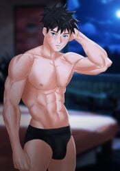 1boy abs amenoosa bara black_hair blue_eyes bulge gay male male_only muscles muscular muscular_male naruto naruto_(series) naruto_shippuden nipples pecs solo solo_male standing undercut underwear uzumaki_menma whisker_markings whiskers