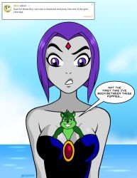 1boy 1girl animal_boy beach beast_boy between_breasts big_breasts canon_couple chipmunk chipmunk_boy cleavage confused_look couple darthguyford english_text garfield_logan green_fur looking_at_another looking_at_partner looking_down ocean purple_eyes purple_hair rachel_roth raven_(dc) sea short_hair speech_bubble tagme teen_titans