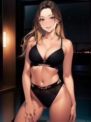 1girls ai_generated ai_mirror balcony belly_button black_bra black_panties black_underwear blush brown_eyes brown_hair lamp lingerie long_hair looking_at_viewer medium_breasts night pose sliding_doors smile white_skin