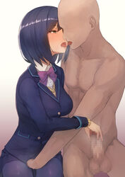 bangs blazer blue_hair blue_jacket blue_legwear blue_skirt blush bow bowtie breasts breath cardigan censored clothed_female_nude_male collared_shirt dark-skinned_male dress_shirt eyebrows_visible_through_hair faceless faceless_male female fingering french_kiss hair_between_eyes half-closed_eyes handjob highres jacket kissing large_breasts long_sleeves looking_at_another miniskirt mole mole_under_eye mosaic_censoring nijisanji nose_blush nude open_mouth oral pantyhose penis pleated_skirt precum purple_bow purple_neckwear pussy_juice saliva saliva_trail school_uniform sex_in_skirt shirt shizuka_rin short_hair sitting skirt solo_focus straight sweat toima_(beat0829) tongue tongue_out virtual_youtuber white_shirt yellow_cardigan yellow_eyes