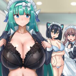 3girls big_breasts black_bra black_hair blue_eyes blush bra breast_envy breasts breasts_focus brown_eyes brown_hair green_hair grey_eyes hair_between_eyes hair_ribbon huge_breasts lace lace-trimmed_bra lace_trim long_hair long_sleeves maid_headdress maid_uniform multiple_girls short_hair underwear undressing y-0