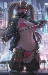 1girls absurdres bare_midriff big_breasts bra breasts brown_hair cleavage crotchless cyberpunk female female_only gas_mask highres holding_weapon jacket large_breasts looking_at_viewer mask masked_female navel oni_horns original panties pink_bikini red_eyes skimpy solo sword twintails yohan1754