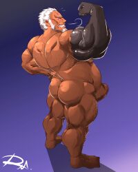 amatsumara_(tokyo_afterschool_summoners) balls bara big_penis boner closed_eyes erection facial_hair flexing grey_hair male male_only musclegut muscles muscular nude penis reclamon scar scar_across_eye solo solo_male tokyo_afterschool_summoners