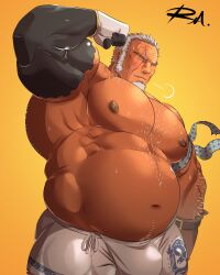 amatsumara_(tokyo_afterschool_summoners) balls bara bulge closed_eyes facial_hair flaccid flexing grey_hair male male_only musclegut muscles muscular penis reclamon scar scar_across_eye solo solo_male tokyo_afterschool_summoners