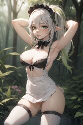 1girls ai_generated arms_behind_head bra dress female female_only genshin_impact green_eyes green_hair kirill782 looking_at_viewer medium_breasts multicolored_hair nahida_(genshin_impact) pussy solo stable_diffusion standing stockings white_hair