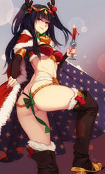 alternate_costume ass ass_cleavage bell bell_collar big_ass boots bow breasts butt_crack candle cape christmas cleavage collar fake_antlers feguimel female fire_emblem fire_emblem_awakening fire_emblem_heroes fur_trim highres looking_at_viewer nintendo official_alternate_costume smile solo solo_female tharja_(fire_emblem) tharja_(winter)_(fire_emblem) thigh_boots thighhighs