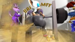 3d 3d_(artwork) anotherthrowaway anus_peek anus_through_clothes athletic athletic_female big_ass big_breasts blaze_the_cat fart fart_cloud fart_fetish farting female fit_female gas huge_ass ltiberium77_(artist) rouge_the_bat sally_acorn sfm smell sniffing sonic_(series) source_filmmaker squatting thick_ass thick_thighs track_suit workout