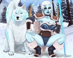 1girls big_breasts blue_eyes blue_skin breasts cleavage divine facepaint female goddess ice kaldr leotard skadi_(smite) smite solo sparkietheartist spread_legs tattoo thick_thighs white_hair wolf