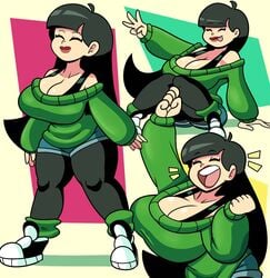 1girls aged_up black_leggings black_legwear bra_strap codename:_kids_next_door female female_only green_sweater huge_breasts kuki_sanban lipstick numbuh_3 solo solo_female superspoe tagme