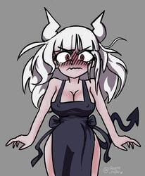 1girls apron blush cleavage demon_girl duarte_nsfw embarrassed female female_only flustered grey_background helltaker horns looking_at_viewer lucifer_(helltaker) naked_apron nipples_visible_through_clothing red_eyes simple_background white_hair