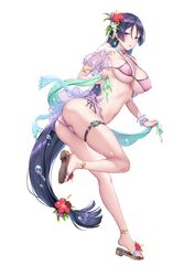 big_ass big_breasts bikini fate/grand_order fate_(series) feet female female_only long_hair looking_at_viewer minamoto_no_raikou_(fate/grand_order) minamoto_no_raikou_(swimsuit_lancer) purple_eyes purple_hair sayika solo wet