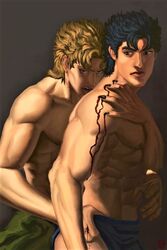 2boys abs black_hair black_hair_bottom blonde_hair blonde_hair_on_black_hair blonde_hair_top blood clothing_lift dio_brando domination earrings gay grabbing_from_behind jojo's_bizarre_adventure jonathan_joestar light_hair_on_dark_hair long_nails looking_back male_only muscular muscular_male partially_clothed phantom_blood sharp_nails step-incest stepbrother stepbrothers stepsibling toned toned_male topless underwear_pull yaoi