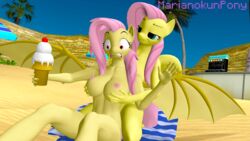 3d_(artwork) anthro areola bat_wings beach breasts dessert digital_media_(artwork) duo female female/female females_only flutterbat_(mlp) fluttershy_(mlp) food friendship_is_magic hair_on_head hasbro hi_res ice_cream marianokun membrane_(anatomy) membranous_wings my_little_pony nipples nude seaside self_paradox selfcest smile spread_wings surprised_expression wings ych_result yuri