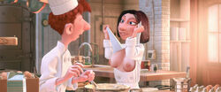 1boy 1boy1girl 3d alfredo_linguini artist_request big_areola big_breasts blue_eyes blush breasts breasts_out brown_hair chef_hat chef_uniform cleavage cleavage_cutout clothing colette_tatou comedy disney edit exposing female ginger ginger_hair high_resolution highres kitchen kitchen_utensils nipples open_mouth open_smile pixar ratatouille screencap screenshot screenshot_edit seductive_look seductive_smile