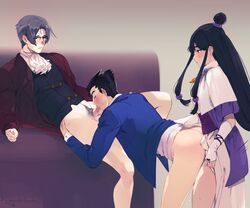 1futa 2boys ace_attorney balls bisexual bisexual_male black_hair blush bottomless_skirt breasts capcom clothed clothed_sex erection erection_under_clothes erection_under_skirt fellatio futa_on_male futa_with_male futanari gay glasses gray_hair gyakuten_saiban long_hair magical_ondine male maya_fey miles_edgeworth penetration penis penis_out penis_under_clothes penis_under_skirt phoenix_wright pubic_hair short_hair skirt skirt_lift small_breasts straight threesome yaoi